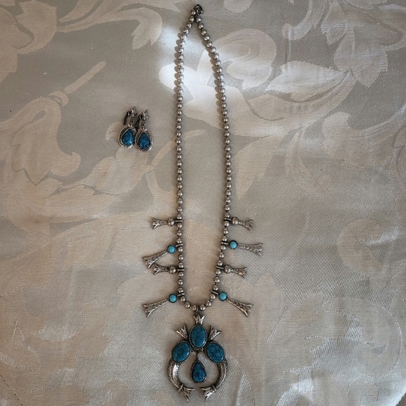Vintage Faux Turquoise Squash Blossom Necklace & Earring Set - Picture 1 of 10